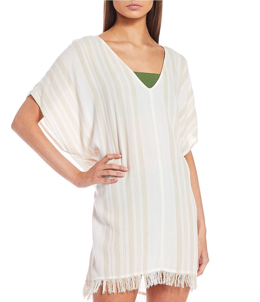 Billabong Walk Away Crinkled Striped V-Neck Fringe Swim Cover-Up Dress