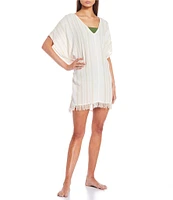 Billabong Walk Away Crinkled Striped V-Neck Fringe Swim Cover-Up Dress