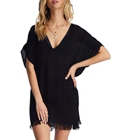Billabong Walk Away Crinkled Striped V-Neck Fringe Swim Cover-Up Dress