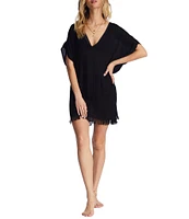 Billabong Walk Away Crinkled Striped V-Neck Fringe Swim Cover-Up Dress
