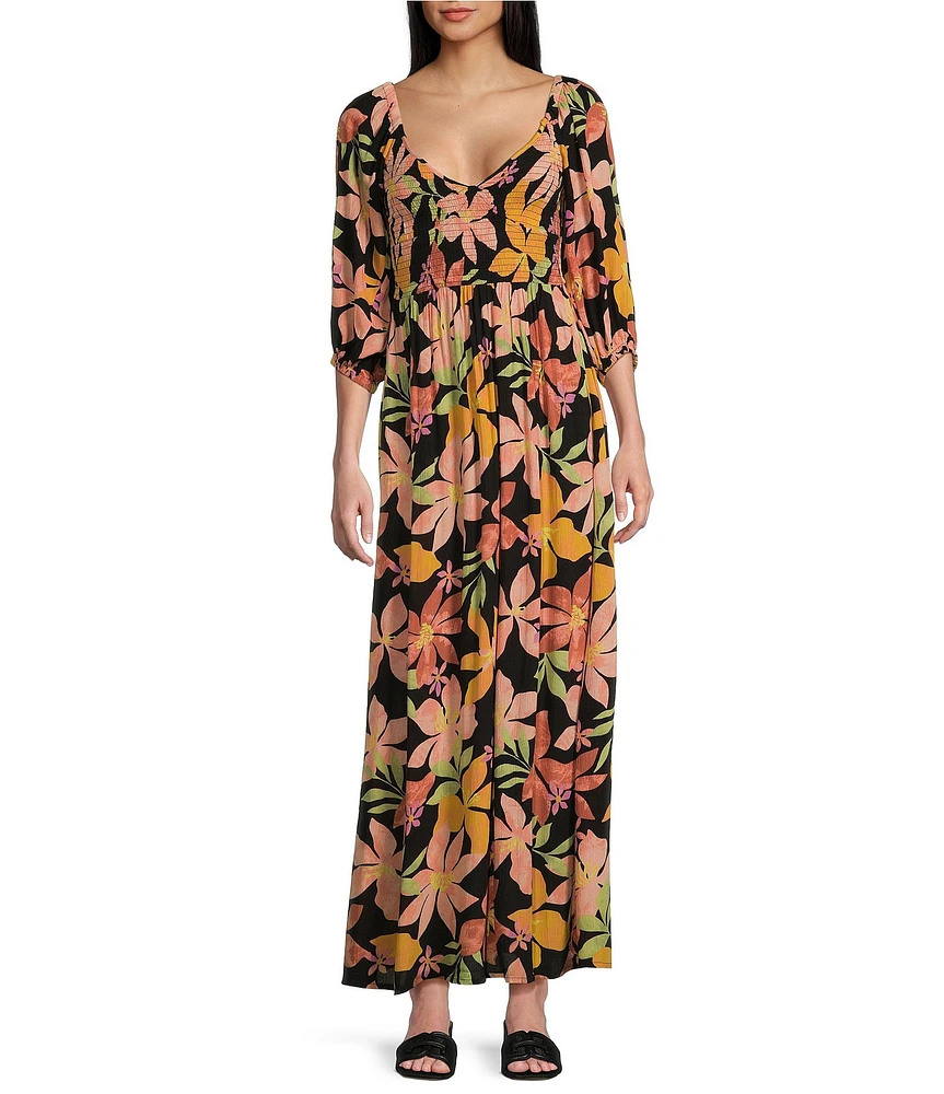 Billabong Wish Me Luck Tropical Floral Printed 3/4 Sleeve Maxi Dress