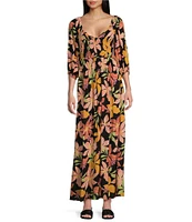 Billabong Wish Me Luck Tropical Floral Printed 3/4 Sleeve Maxi Dress