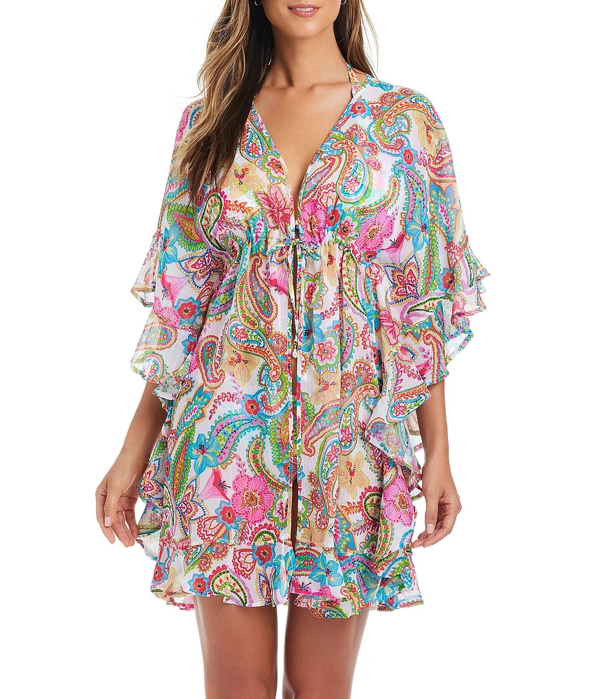 Bleu Rod Beattie All Set For Summer Printed Chiffon Open Front Ruffle Caftan Swim Cover-Up