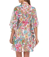 Bleu Rod Beattie All Set For Summer Printed Chiffon Open Front Ruffle Caftan Swim Cover-Up