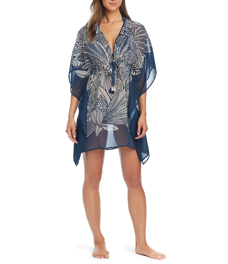 Bleu Rod Beattie Bali Breeze Tropical Print V-Neck Flutter Sleeve Caftan Swim Cover-Up