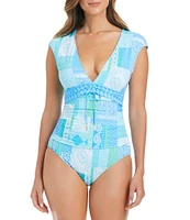 Bleu Rod Beattie Crazy Love Printed V-Neck Cap Sleeves Shirred Bodice One Piece Swimsuit
