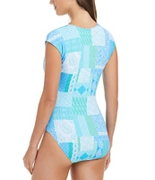 Bleu Rod Beattie Crazy Love Printed V-Neck Cap Sleeves Shirred Bodice One Piece Swimsuit