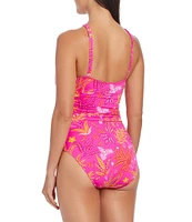 Bleu Rod Beattie Desert Bloom High Neck Front Keyhole Shirred One Piece Swimsuit