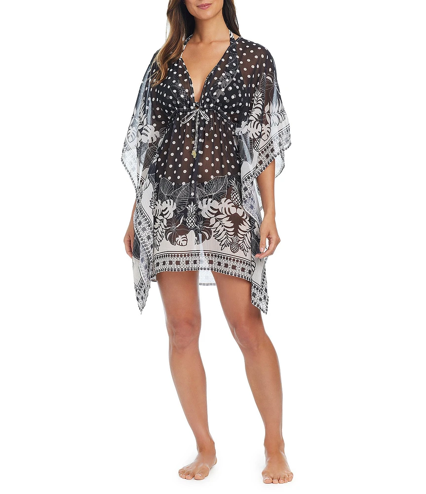 Bleu Rod Beattie Double Trouble Dotted V-Neck Flutter Sleeve Caftan Swim Cover-Up