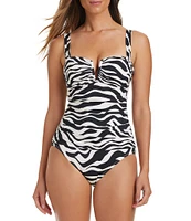 Bleu Rod Beattie El Morocco Zebra Print Square Neck V-Wire Shirred One-Piece Swimsuit