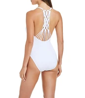 Bleu Rod Beattie La Cote D'Azur Solid Back Macrame Plunge One Piece Swimsuit