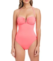 Bleu Rod Beattie La Cote D'Azur Solid Sweetheart Neck Macrame Open Back Bandeau One Piece Swimsuit