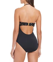 Bleu Rod Beattie La Cote D'Azur Solid Sweetheart Neck Macrame Open Back Bandeau One Piece Swimsuit