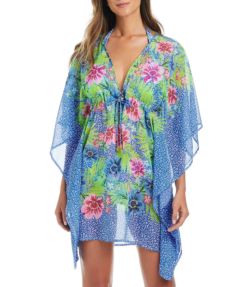 Bleu Rod Beattie Let's Get Away Chiffon Plunge Neck Caftan Swim Cover-Up