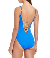 Bleu Rod Beattie Lets Get Knotty Solid Plunge Neck Lace Down Tank One Piece Swimsuit