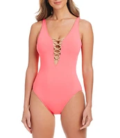 Bleu Rod Beattie Lets Get Knotty Solid Plunge Neck Lace Down Tank One Piece Swimsuit