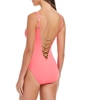 Bleu Rod Beattie Lets Get Knotty Solid Plunge Neck Lace Down Tank One Piece Swimsuit