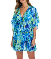 Bleu Rod Beattie Life's A Beach Printed Chiffon V-Neck Flutter Sleeves Caftan Swim Cover-Up