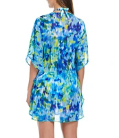 Bleu Rod Beattie Life's A Beach Printed Chiffon V-Neck Flutter Sleeves Caftan Swim Cover-Up