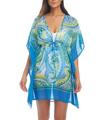 Bleu Rod Beattie More Is More Printed V-Neck Short Sleeve Drawstring Waist Caftan Swim Cover-Up