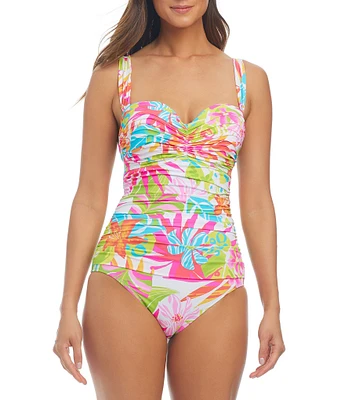 Bleu Rod Beattie Packing A Punch Floral Print Sweetheart Neck Shirred Bodice Underwire Bandeau One-Piece Swimsuit