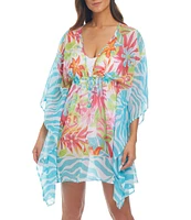 Bleu Rod Beattie Packing A Punch Floral V-Neck Short Sleeve Caftan Swim Cover-Up