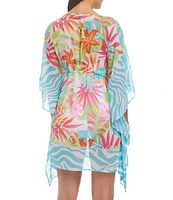 Bleu Rod Beattie Packing A Punch Floral V-Neck Short Sleeve Caftan Swim Cover-Up