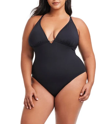Bleu Rod Beattie Plus Size La Cote D'Azur Plunge Macrame One Piece Swimsuit