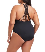 Bleu Rod Beattie Plus Size La Cote D'Azur Plunge Macrame One Piece Swimsuit