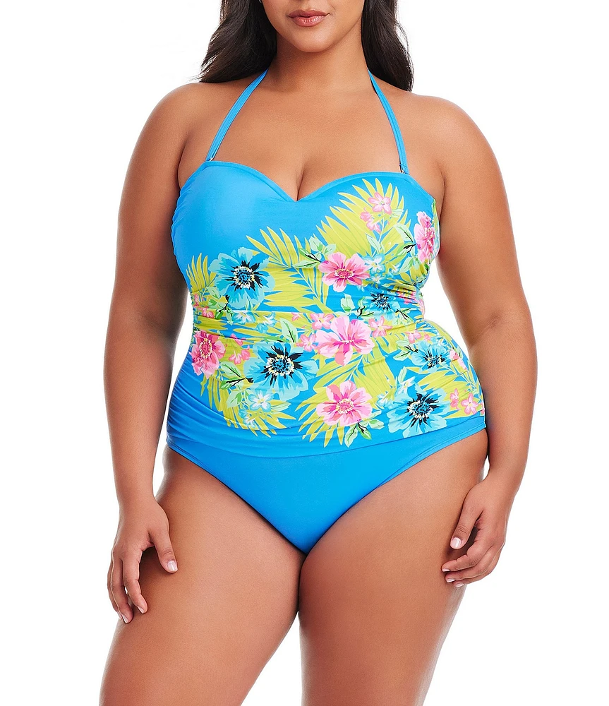 Bleu Rod Beattie Plus Size Let's Get Away Strapless Shirred Molded Cup Bandeau One Piece Swimsuit