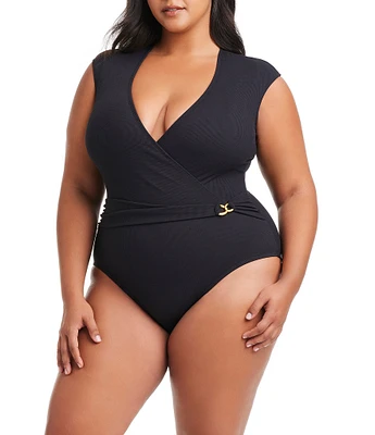 Bleu Rod Beattie Plus Size Pique Ole V-Neck Cap Sleeve Surplice One Piece Swimsuit
