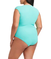 Bleu Rod Beattie Plus Size Pique Ole V-Neck Cap Sleeve Surplice One Piece Swimsuit
