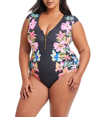 Bleu Rod Beattie Plus Size Sweet Escape Cap Sleeve Zip Front One Piece Swimsuit