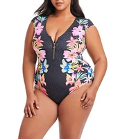 Bleu Rod Beattie Plus Size Sweet Escape Cap Sleeve Zip Front One Piece Swimsuit