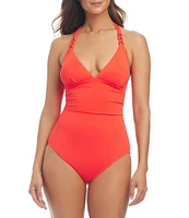 Bleu Rod Beattie Ring Master Solid Tie-Neck Shirred Ring One Piece Swimsuit