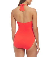 Bleu Rod Beattie Ring Master Solid Tie-Neck Shirred Ring One Piece Swimsuit