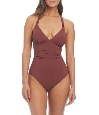 Bleu Rod Beattie Ring Master Solid Tie-Neck Shirred Ring One Piece Swimsuit