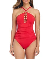 Bleu Rod Beattie Ring Me Up Solid Halter Neck Front Ring Shirred One Piece Swimsuit