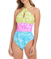Bleu Rod Beattie Sock It To Me Halter Neck Front Keyhole Shirred One Piece Swimsuit