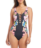 Bleu Rod Beattie Sweet Escape Floral Print Plunge Neck Lace Down One-Piece Swimsuit