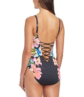 Bleu Rod Beattie Sweet Escape Floral Print Plunge Neck Lace Down One-Piece Swimsuit