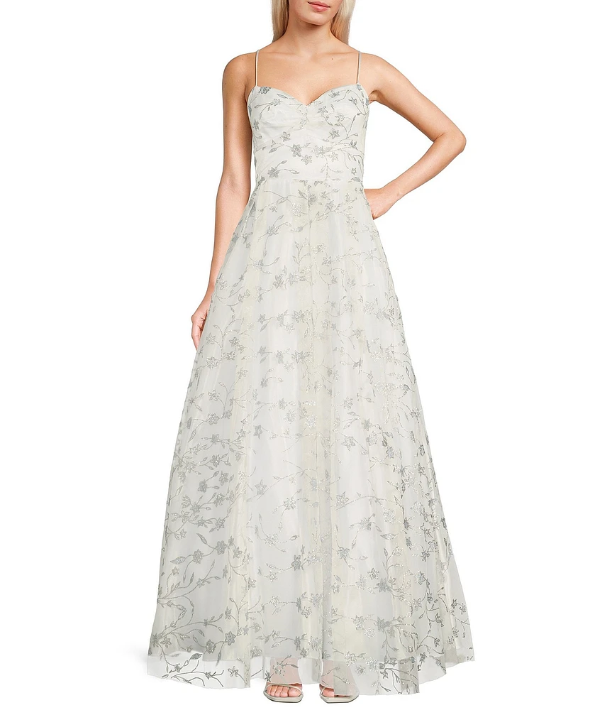 Blondie Nites Caviar Floral Glitter Pinch Lace-Up Back Ballgown Dress