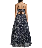 Blondie Nites Caviar Glitter Patterned V-Neck Sleeveless Tie Back A-Line Gown