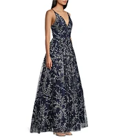 Blondie Nites Caviar Glitter Patterned V-Neck Sleeveless Tie Back A-Line Gown