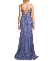 Blondie Nites Drape Corset Lace-Up Back Trumpet Glitter Dress