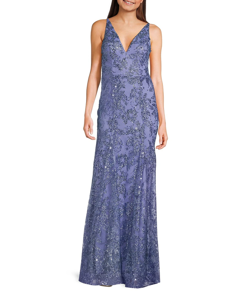 Blondie Nites Glitter Sequined Leaf Pattern V-Neck Sleeveless Tie Back Gown