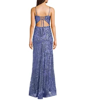 Blondie Nites Glitter Sequined Leaf Pattern V-Neck Sleeveless Tie Back Gown