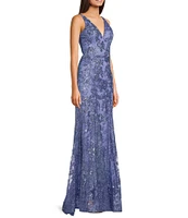 Blondie Nites Glitter Sequined Leaf Pattern V-Neck Sleeveless Tie Back Gown