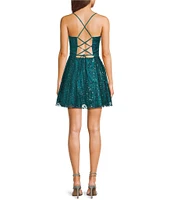 Blondie Nites Glitter Pattern Cinched Front Lace-Up Back Fit & Flare Dress