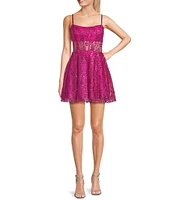 Blondie Nites Glitter Scoop Neck Illusion Corset Bodice Dress